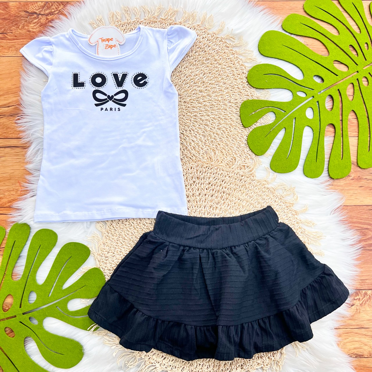 Conj. Blusa Love Paris e Short Saia - Branco e Preto